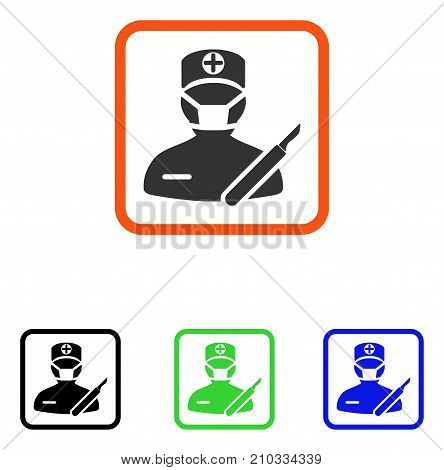 Surgeon icon. Flat grey iconic symbol inside an orange rounded square. Black, green, blue color additional versions of Surgeon vector. Designed for web and software UI.