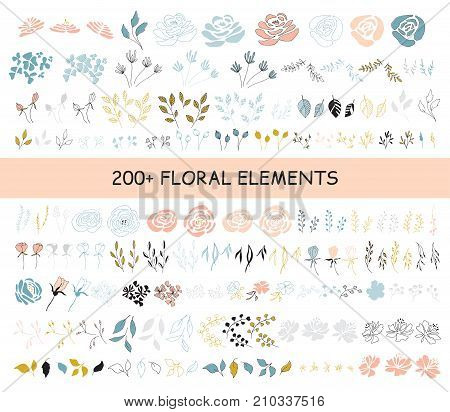Big vector set of floral elements. Flowers, leaves and berries. For greeting cards, weddings, stationery, surface design, scrapbooking. Cute doodle hand drawn style. Part of a large floral collection.