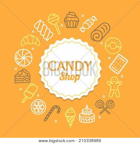 Candy Shop Color Round Design Template Line Icon Concept Include of Dessert, Lollipop, Caramel, Cake and Muffin. Vector illustration