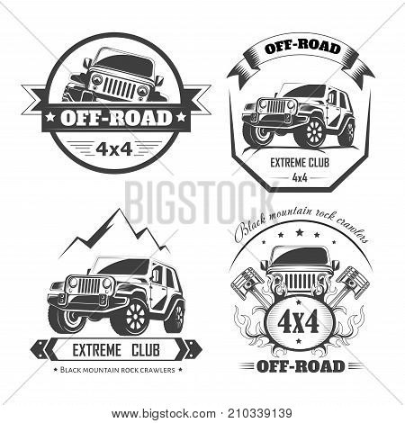 Off-road 4x4 extreme car club logo templates. Vector symbols and icons of off road car or truck with wheel tires and motor engine piston for mountain or rock crawlers club