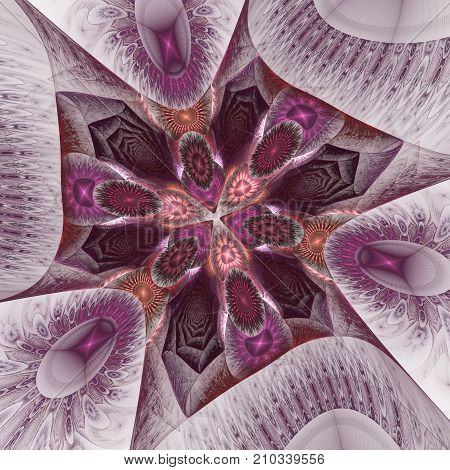 The kaleidoscopical composition in violet tones. Abstract kaleidoscope background. Beautiful kaleidoscope pattern. Multicolor mosaic texture. Unique design