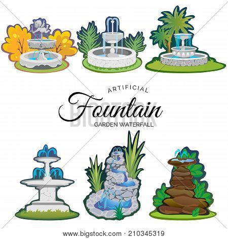 Set of outdoors fountain for gardening, spring and summer plants around garden waterfall, autumn back yard decorative stone statue vector illustration.