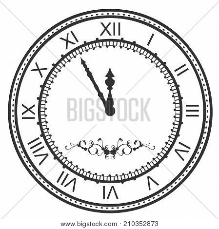 Round watch dial at five minutes to midnight. New Year Eve roman numerals. Isolated on white vector icon illustration