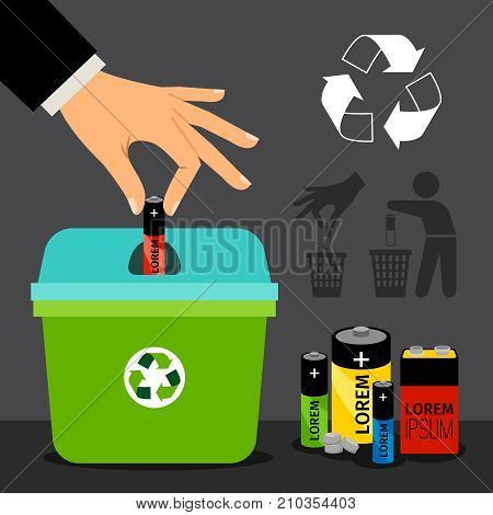 Battery recycling vector illustration. Man hand putting a battery in recycle container