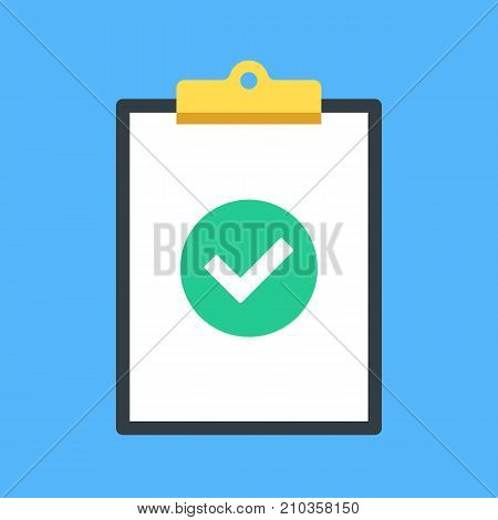 Clipboard and check mark. Clip board and green round icon with checkmark, tick. Completed task, job is done concepts. Modern flat design graphic elements. Vector illustration