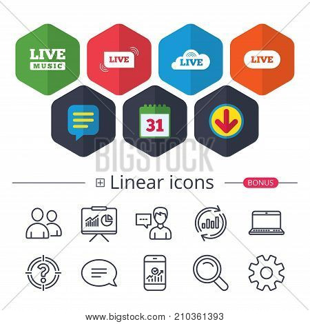 Calendar, Speech bubble and Download signs. Live music icons. Karaoke or On air stream symbols. Cloud sign. Chat, Report graph line icons. More linear signs. Editable stroke. Vector