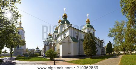 wide Panorama of Saint Sophia Cathedral in Kiev in a bright spring sunny summer morning