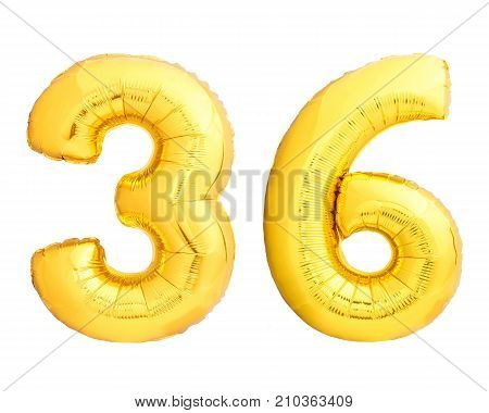 Golden number 36 thirty six of inflatable balloon isolated on white background