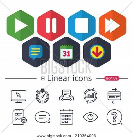 Calendar, Speech bubble and Download signs. Player navigation icons. Play, stop and pause signs. Next song symbol. Chat, Report graph line icons. More linear signs. Editable stroke. Vector