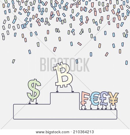 Bitcoin dollar euro pound yen on the podium. Bitcoin is the winner. Flat design Vector illustration