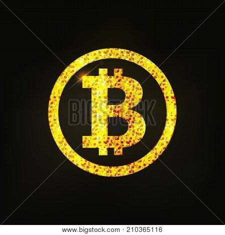 Gold emblem of bitcoin. A brilliant coin. The glittering logo of the crypto currency. Vector illustration.