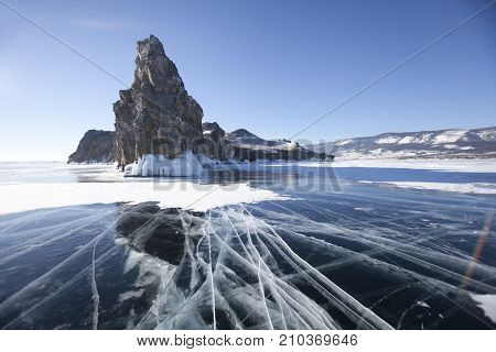 Cracks In Ice. Lake Baikal, Oltrek Island. Winter Landscape