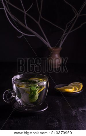 Mint Lemon Tea On A Dark Background