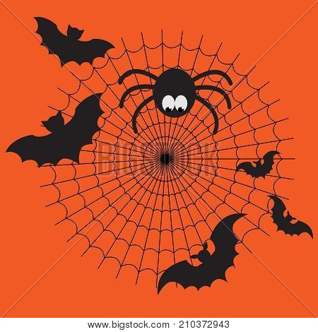 Black and orange vector cartoon isolated spider web with funny spider, flying bats. Simple image with cobweb for halloween party.