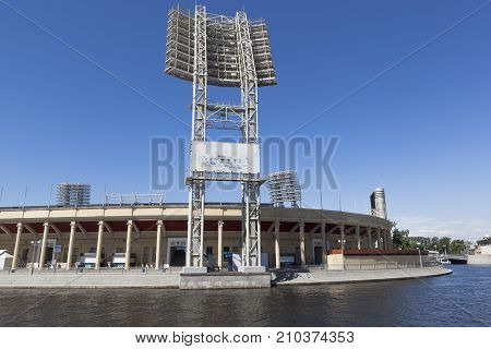 St. Petersburg, Russia - June 17, 2017: View of the Petrovsky Stadium from the Zhdanovskaya Embankment in St. Petersburg