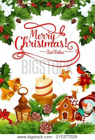 Merry Christmas greeting card for winter Xmas holiday. Vector New Year candle lights and Chritmas tree wreath garland with snowflakes and gingerbread cookie and golden Santa bells decoration