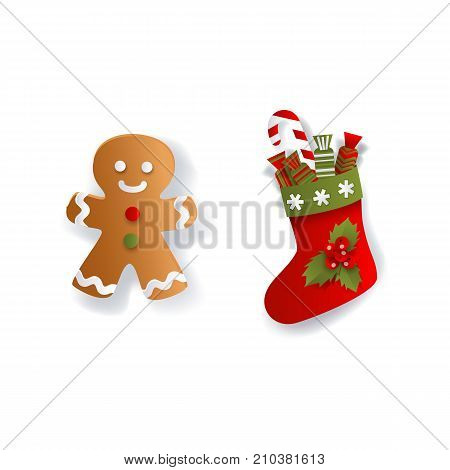 Christmas stocking and gingerman, gingerbread cookie, Xmas decoration elements, flat vector illustration isolated on white background, 3d paper cutout. Flat Christmas stocking and gingerman cookie