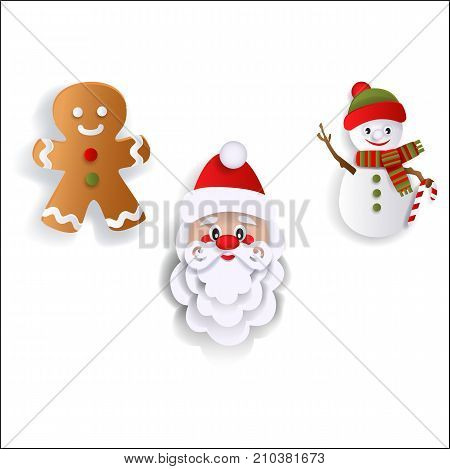 Paper cut Santa Claus, snowman and gingerman cookie, Christmas decoration elements, flat vector illustration isolated on white background. Flat Santa Claus, gingerman and snowman decoration elements