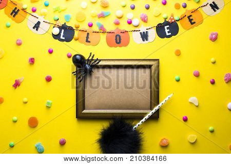 top view colorful party halloween decor and gold frame banner border