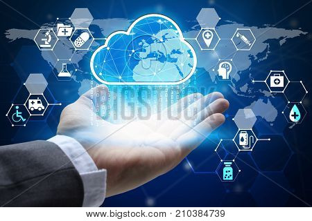 hand holding with virtual screen cloud computing and medical and health care Interface Icons global network Cyber Security Data Protection Business Technology Privacy concept Internet Concept of global business cloud computing concept.