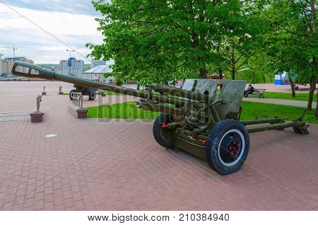 VITEBSK BELARUS - MAY 22 2017: 76-mm divisional gun of 1942 model ZIS-3 on Alley of military glory in Park of Winners Vitebsk Belarus