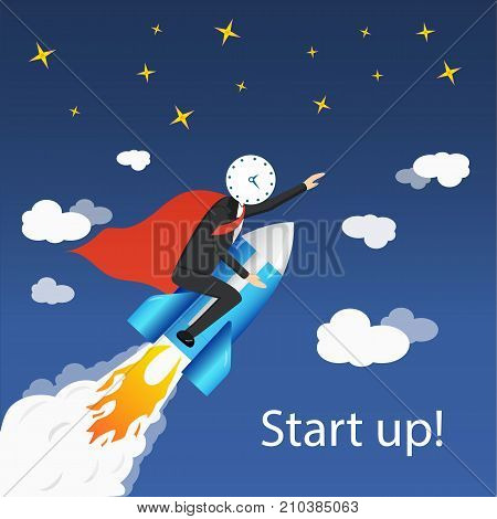 Businessman with clock head flying in sky like superhero in red cloak on rocket. Vector illustration of rocketman start up boost concept