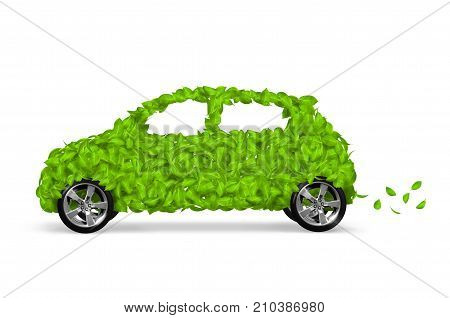 3D rendering of a green eco car concept made up of green leaves.