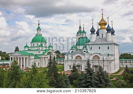 Rostov Russia - 18 July 2017: Monastery of St. Jacob Saviour (Spaso-Yakovlevsky Dimitriev) is an Eastern Orthodox monastery situated to the left from the Rostov Kremlin. Monastery was founded in the 14th century by St Iakov of Rostov.
