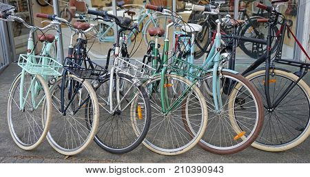 Sydney Australia - October 17 2017: Vintage Lekker bicycles parked nicely in a row outside bike shop. LEKKER brand is a leader in premium vintage bike designs combining European design with retro style.