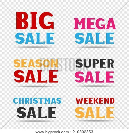 Red pink black and blue big mega super season sale message label set on transparent background. Business communication dialog or quote template collection sign.