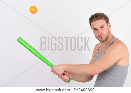 Player With Concentrated Face Plays Baseball.