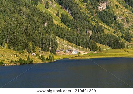 Alpine Mountain Lake Riesachsee Mit Riesachsfalle Near Schladming In Austria