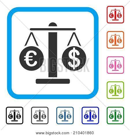 Euro And Dollar Scales icon. Flat grey pictogram symbol in a light blue rounded square. Black, gray, green, blue, red, orange color additional versions of Euro And Dollar Scales vector.