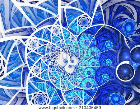 Spiral mosaic fractal pattern. Floral mosaic stain glass composition in blue