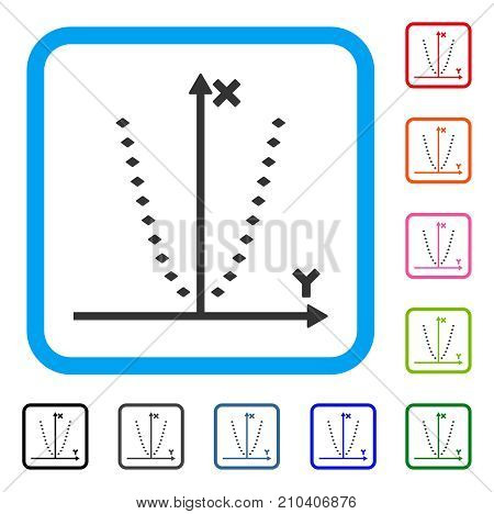 Dotted Parabola Plot icon. Flat gray iconic symbol inside a light blue rounded rectangular frame. Black, gray, green, blue, red, orange color variants of Dotted Parabola Plot vector.