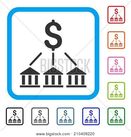 Bank Association icon. Flat grey iconic symbol in a light blue rounded frame. Black, gray, green, blue, red, orange color variants of Bank Association vector.