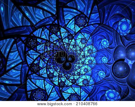 Spiral mosaic fractal pattern. Floral mosaic stain glass composition in blue