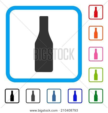 Beer Bottle icon. Flat gray pictogram symbol inside a light blue rounded rectangular frame. Black, gray, green, blue, red, orange color additional versions of Beer Bottle vector.