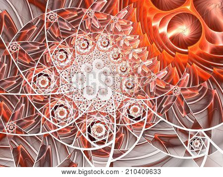 Spiral mosaic fractal pattern. Floral mosaic stain glass composition in red
