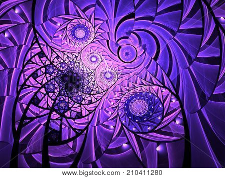 Spiral mosaic fractal pattern. Floral mosaic stain glass composition in violet