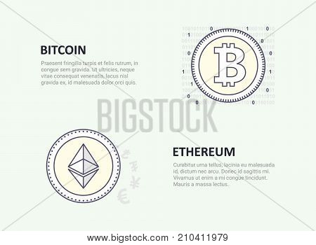 A set of logotypes of popular crypto currency. Bitcoin and ethereum. Flat stroke design. Vector illustration.