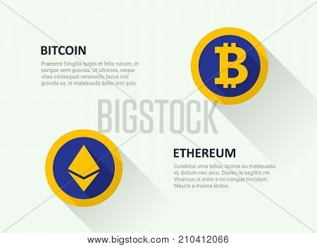 A set of logotypes of popular crypto currency. Bitcoin and ethereum. Flat material design. Vector illustration.