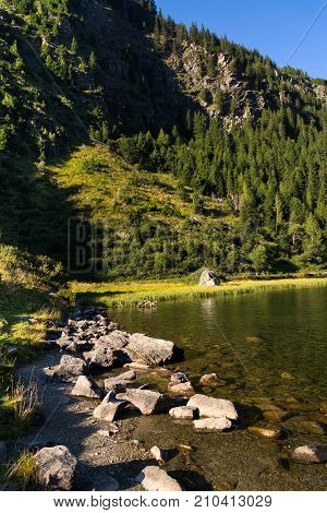 Alpine Mountain Lake Riesachsee Mit Riesachsfalle Near Schladming In Austria