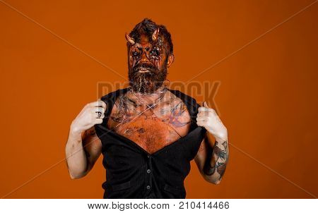 Halloween Demon With Bloody Horns On Head