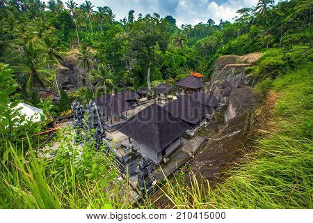 The courtyard of the temple and funerary complex in Tampaksiring. Top view of the roof. Gunung Kawi Temple, Bali, Indonesia.
