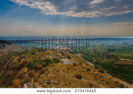 Arial view on the Sicilian landscape near the city of Avola Italy