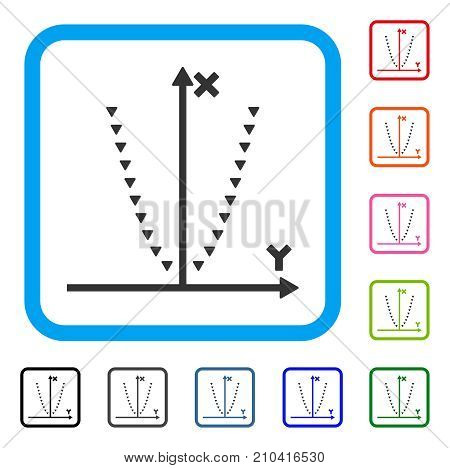Dotted Parabola Plot icon. Flat grey iconic symbol in a light blue rounded rectangular frame. Black, gray, green, blue, red, orange color additional versions of Dotted Parabola Plot vector.