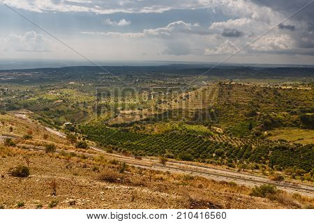 Arial view on the Sicilian landscape near the city of Avola Italy