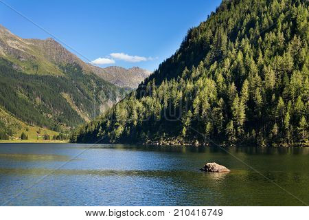 Alpine Mountain Lake Riesachsee Mit Riesachsfalle Near Schladming In Austria