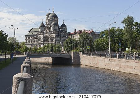 St. Petersburg, Russia - June 17, 2017: Karpovsky Bridge and St. John's Stauropegial Convent in St. Petersburg
